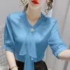 Female Commute Fashion Solid Color Chiffon Shirt Office Lady Simplicity All-match V-Neck Spliced Blouse Summer Women's Clothing - Image 5