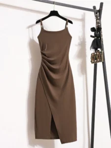 Solid Color Strap Dress 2023 New Summer Women's Large Off Shoulder Irregular Pleated Split Skirt Slim Mid Length Underlay Dress - Image 3