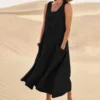 Chic Women Coton Linen Sundress Summer Female Sleeveless Double Big Pocket Loose Sand Beachwear Long Dress Oversized Vestidos - Image 6