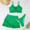 Sexy 3 Pieces Suit Swimwear Holes Hollow Out Swimsuit Ruffles Wrap-around Bodycon Skirt Bikini Set Bow Beachwear Bathing Suits - Image 6