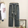 Plus Size Jeans Women 2023 Spring Make Old Denim Straight Pants Belt BF Back Pocket Patch Trousers Curve Clothes - Image 4