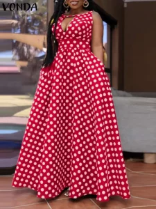 VONDA Bohemian Sundress 2024 Summer Women Polka Dot Maxi V Neck Hollow Sleeveless Sexy Dress Casual Elegant Party Robe Femme - Image 4