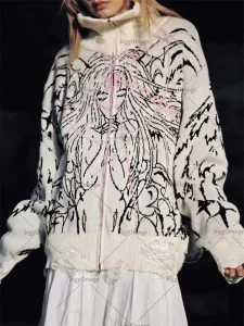 American Trendy Gothic Cartoon Letters Oversize Knitted Sweater Women's Fashion Versatile Round Neck Cardigan Sweater Women's - Image 3