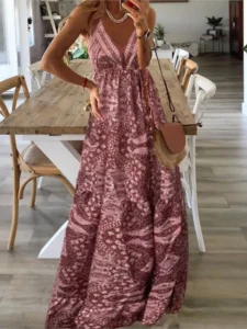 Women Fashion Boho Vintage Maxi Dress Loose Print Deep V Neck High Waist Dresses Spaghetti Strap Summer Retro Vestidos Clothes - Image 5