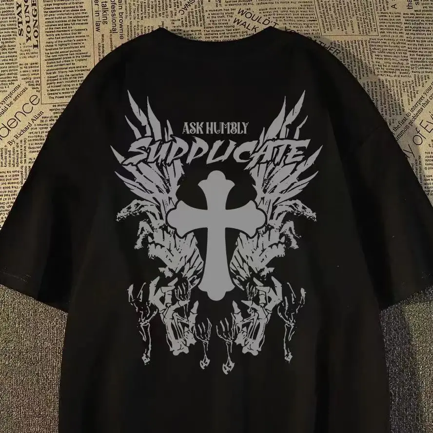 American High Street Dark Cross Wings Loose Half Sleeves Fashion Street Oversize T-Shirt Harajuku Style Hip Hop Y2k Top