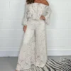 Spring Embroidery Hook Flower Hollow Crochet Set Women 2 Pieces V Neck Tie-up Tassel Top Wide Leg Pants Outfits Sexy Summer Suit - Image 4