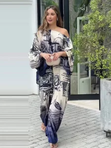 Elegant Satin Blue Print Pants 2 Piece Sets Women Fashion lantern Sleeves Shirt Wide Leg Pant Suits 2024 Loose Causal Streetwear - Image 4