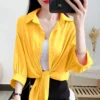 Fashion Lapel Button Solid Color All-match Bandage Bow Shirt Female Clothing 2023 Summer New Casual Tops Oversized Korean Blouse - Image 3