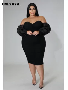 CM.YAYA Plus Size Women Mesh Patchwork Off Shoulder Ruched Bodycon Midi Dress evening Winter 2022 Sexy Party Club Prom Dresses - Image 4