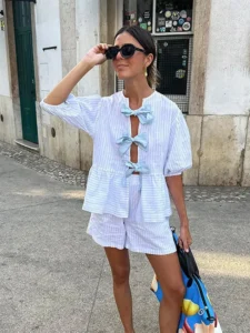 Summer Women Bow Lace Up Short Pants 2 Piece Sets Fashion Loose Striped Print Shirt Suit 2024 New Chic Lady Street Outfits - Image 5
