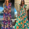 2023 New Ruffle Sleeveless Printed Skirt Ladies V Neck Elegant Long Dress Waist Slimming Temperament Robe