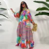 Autumn Loose Pleat Swing Boho Maxi Dresses Lady Vintage Pattern Print Beach Vestidos Women Sexy Deep V Neck Long Party Dress - Image 4