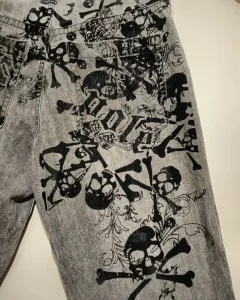 2023 New American Harajuku retro skull print straight high waist Y2K women's washed grey jeans Streetwear Gothic wide trousers - Image 3