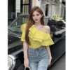 Blouses Women Pink Yellow Casual Summer Lady like Ruffles Design Streetwear New Korean Sweet Skew Collar Fashion All-match Solid - Image 2