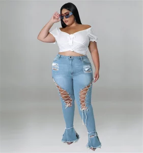 Wmstar Plus Size Flared Jeans Women Bandage High Waist Tassel Hole Denim Ripped Bottom Stretch New Pants Wholesale Dropshipping - Image 2