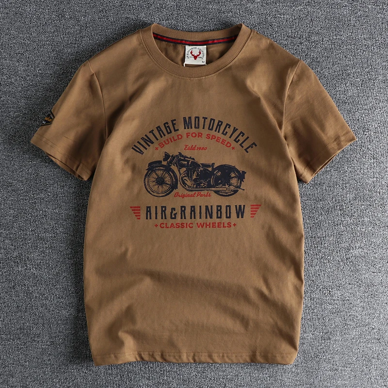 Summer American Retro Short-sleeved O-neck Motorcycle Printed T-shirt Men's Fashion Simple 100% Cotton Washed Casual Sport Tops