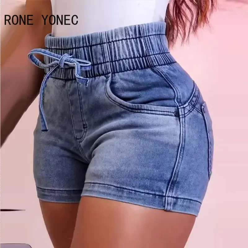2023 Women Casual Elastic Waist Drawstring High Waist Pocket Denim Shorts