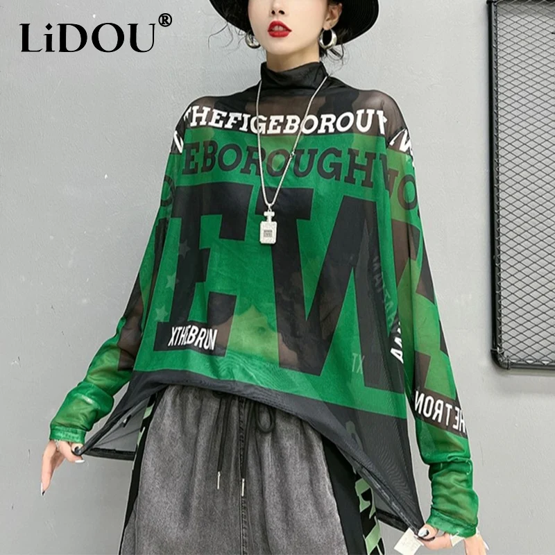 Autumn Winter Stand Collar Letter Printing Loose Casual T-shirt Ladies Long Sleeve Harajuku Y2K Mesh Tee Women's Pullover Top