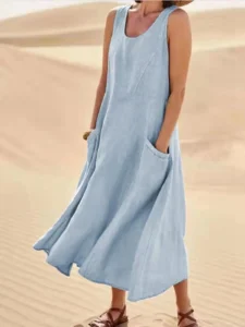 Chic Women Coton Linen Sundress Summer Female Sleeveless Double Big Pocket Loose Sand Beachwear Long Dress Oversized Vestidos - Image 5