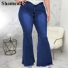 Plus Size High Waist Spliced Flared Jeans Mom 4XL Women Comfortable Elastic Tight Fringe Hem Wide Leg Trousers Women Bell Bottom - Image 2