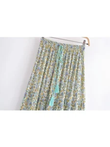 Vintage Chic Fashion Hippie Women Beach Bohemian Green Floral Print Pleasted Skirt Elastic Waist A-Line Boho Maxi Skirts Femme - Image 4