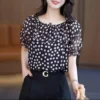 Fashion Versatile One Shoulder Korean Fashion Chiffon Shirt Women Summer New Korean Print Casual Polka Dot Short Sleeve Blouse - Image 3