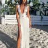 White Bandage Tassel Patchwork Hem Long Dress Women Sexy Off Shoulder Sleeveless Backless Dresses 2024 Lady Beach Party Robes