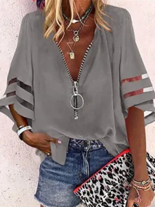 2023 Summer Shirt Sexy Lace Patchwork Flared Sleeve Mesh Solid Blouse Women Zipper V-Neck Loose Casual Tops T-Shirt Streetwear - Image 6