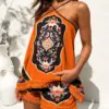 Women Two Piece Outfits 2022 Wome Tribal Print Tassel Trim Halter Top & Vintage Shorts Set