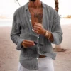 Cross-border 2024 new men's spring/summer cotton and linen lapel beach shirt long sleeve solid color holiday clothing - Image 4