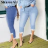 Plus Size Tassel Patchwork Vintage Stretchy Skinny Knee Length Distressed Mom Jeans Breeches Denim Jeggings Pant Leggings Capris - Image 4