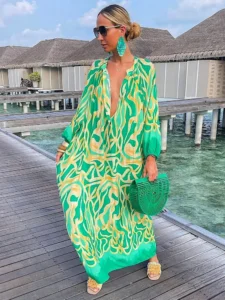 Women Boho Maxi Dress 2023 Summer Sexy Deep V-Neck Long Dresses Vintage Print Long Sleeve Loose Beach Cover Up Female Dress Robe - Image 3