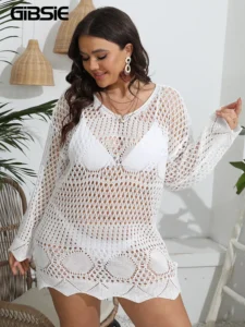 GIBSIE Plus Size 2023 Bikini Cover Up For Women Summer Sexy See Through Hollow Out Long Sleeve Holiday Knitted Beach Tunic Dress - Image 5