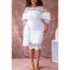 Plus Size White Daily Round Neck Lace Midi Dresses - Image 4