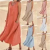 Chic Women Coton Linen Sundress Summer Female Sleeveless Double Big Pocket Loose Sand Beachwear Long Dress Oversized Vestidos - Image 2