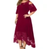 Plus Size Women Dress Flare Short Sleeve Cold Shoulder Embroidery Elegant Dress Party Lace Patchwork High-low Hem Dress Summer - Image 5