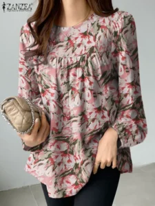 ZANZEA Fashion Floral Printed Blouse Femme Puff Sleeve O Neck Tops Casual Holiday Shirt Elegant Elastic Cuff Chemise Oversized - Image 3