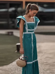 Vintage Square Collar Patchwork Maxi Dress Women 2024 High Waist Fly Sleeve Dresses Female Elegant Summer Chic Beach Long Dress - Image 6