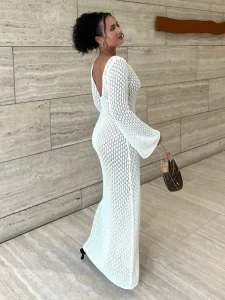Tossy White Knit Fashion Cover up Maxi Dress Female See-Through V-Neck Hollow Out Beach Holiday Dress Knitwear Backless Dress - Image 2