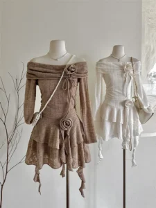 2000s Aesthetics Sweet Outfits 2 Piece Skirt Set Slash Neck Crop Tops 3D Flower Ruffle Pleated Skirt Summer Fashion Gyaru Kpop - Image 2