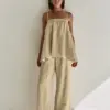 Clacive Casual Loose Khaki Cotton 2 Piece Set Women Outfit 2024 Summer Sleeveless Tank Top With High Waist Wide Pants Set Female