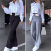 2 Pcs/Set Women Pants Top Suit Single-breasted Lapel Long Sleeve High Waist Straight Lady Shirt Trousers Set - Image 4