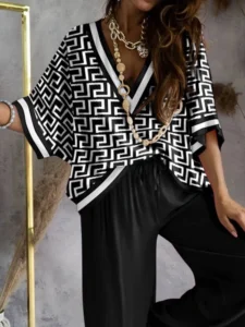 Sexy V Neck Midi Sleeve Shirt Pants Set Spring Summer Fashion Print Blouse Solid Trousers Two Piece Sets For Women Outfit 2024 - Image 3