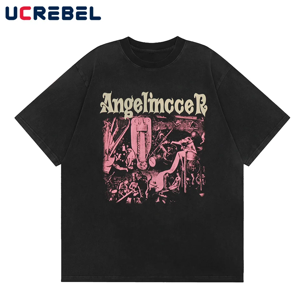 Demon Print Short Sleeve T-shirt Mens Streetwear Crew Neck Cotton Tee Summer Loose Half-Sleeve Tshirt Men