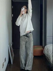 American Washed Leopard Print Wide Leg Jeans for Women Retro Street Distressed New Harajuku Style Hottie Baggy Y2K Casual Pants - Image 3