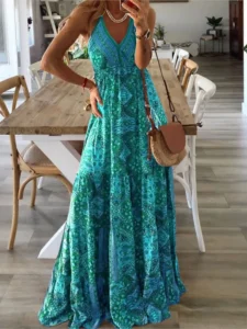 Women Fashion Boho Vintage Maxi Dress Loose Print Deep V Neck High Waist Dresses Spaghetti Strap Summer Retro Vestidos Clothes - Image 2