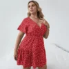 Plus Size Floral Print Summer Casual Tiered Dress Women Short Sleeve Heart Pattern Boho Dress Large Size Fit Flare A-line Dress - Image 3