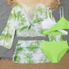 Girls 4pack Coconut Palm Print Bikini Sets with Beach Skirt&Long Sleeve Crop Top Kids Swimsuit 7-12 Years Children's Swimwear
