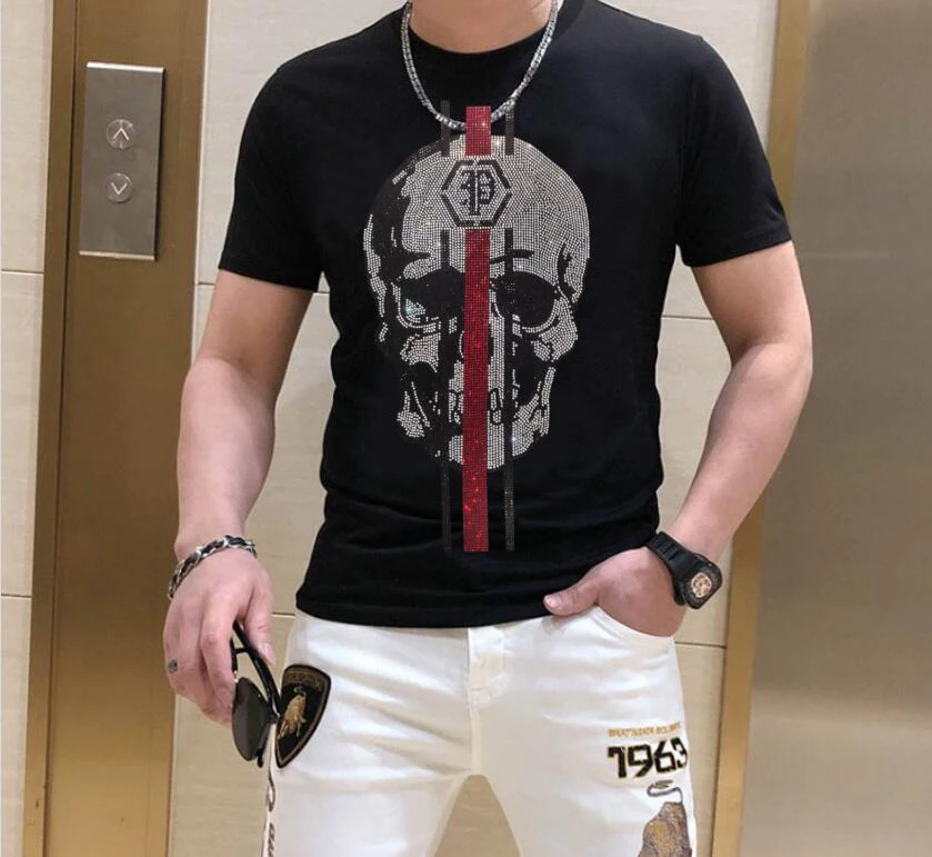 S-6XL Streetwear Men Diamonds Summer Mens Rhinestones Skulls Graphic T Shirt Male Fashion Tees Casual anime Tops