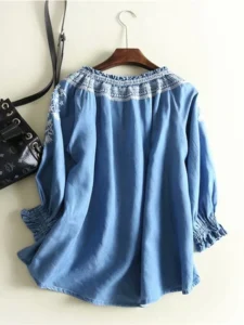 Vintage Chic Women Floral Embroidery Beach Bohemian Denim Cotton Blouse Shirt Long Sleeve V-neck Tassel Loose Boho Jeans Shirts - Image 2